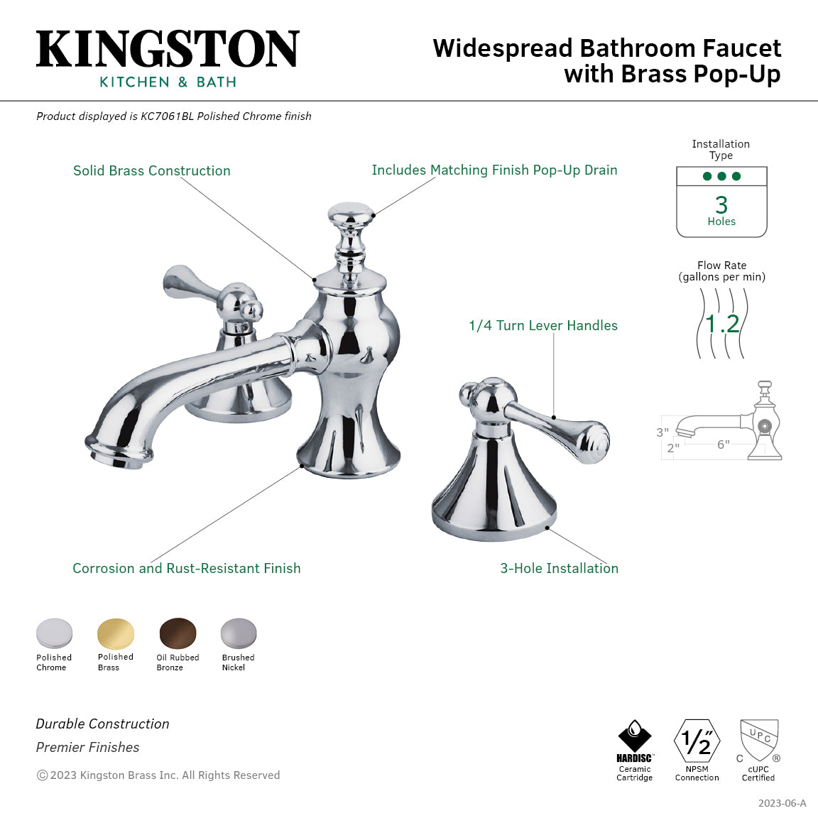 Kingston Tulare KC7065BL - English Country Two-Handle 3-Hole Deck Mount Widespread Bathroom Faucet with Brass Pop-Up, Oil Rubbed Bronze — thumbnail 3